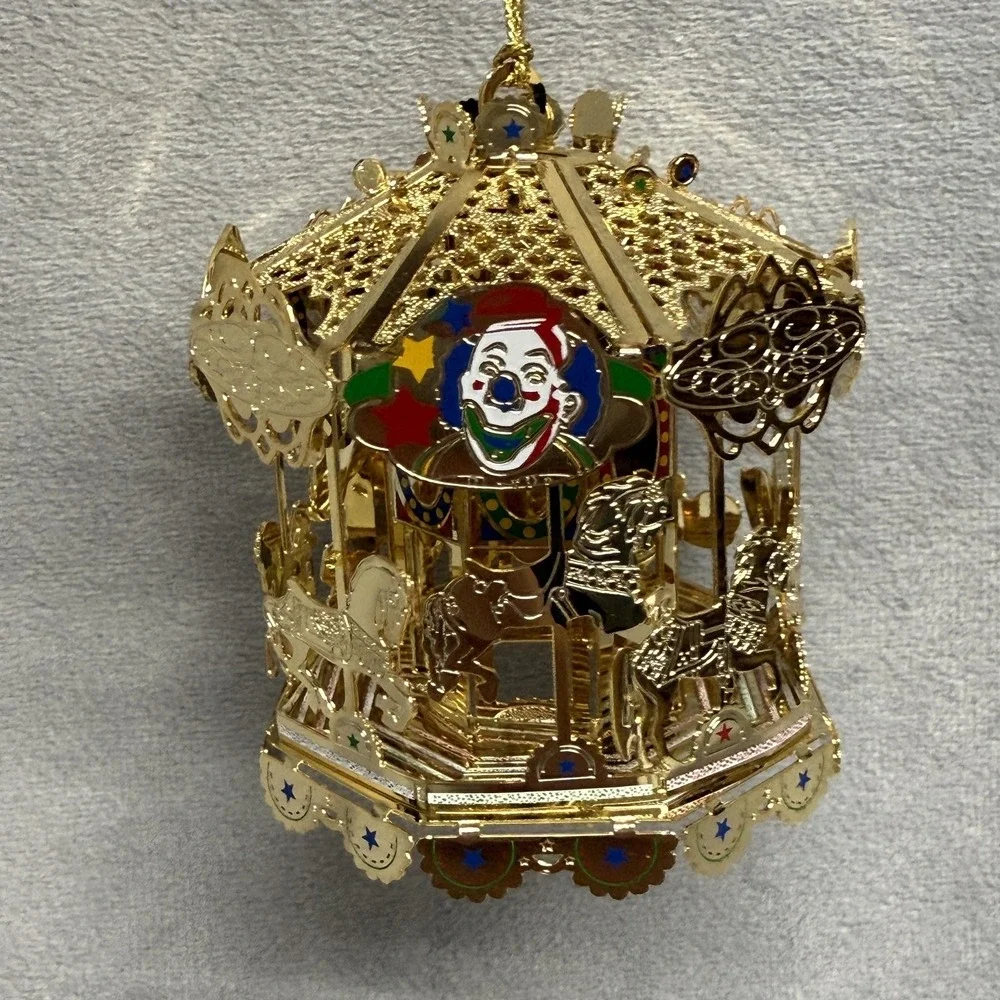 Unique Treasures Circus Clown Carousel Ornament Small Gold Metal Glass‎ Limited